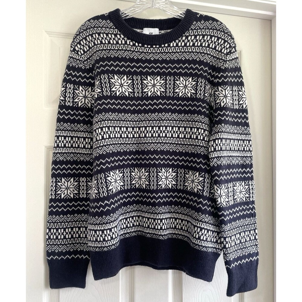 NWT H&M Mens Poly Wool Blend Fair Isle Nordic Blue Sweater XS Scandinavian